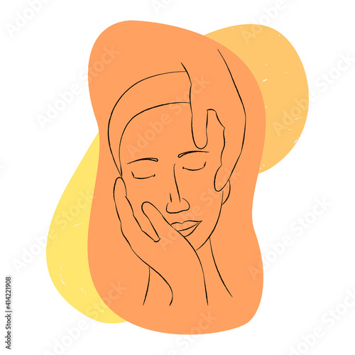 Vector drawn linear illustration face and hands of massage therapist on abstract background with kratom texture. Concept cosmetology, spa, skin care, face, beauty, youth, relaxation.