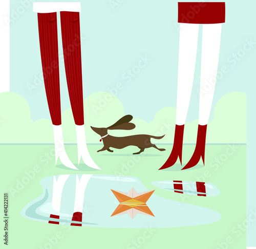 A lady with a dog. Walking a pet. Spring, grass, puddles.Street. Vector illustration.Girlfriends, Legs.The hostess is a girl or a nanny in a sterile room.Warmth, nature, greenery. The boat is floating