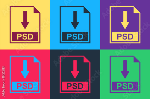 Pop art PSD file document icon. Download PSD button icon isolated on color background. Vector.