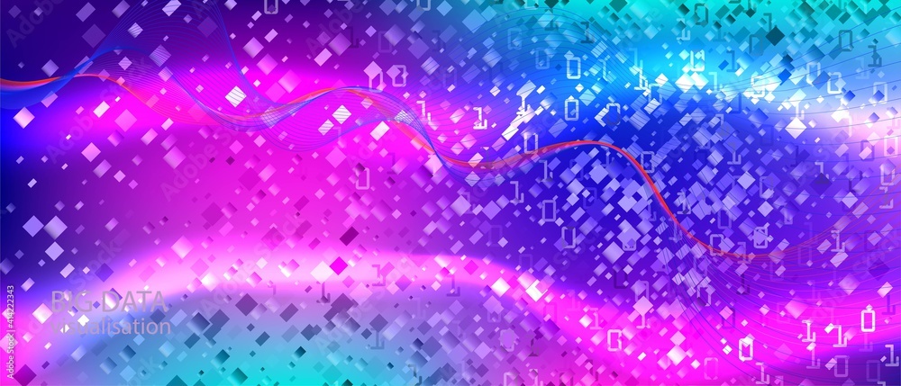 Wireless Tech Vector Equalizer. Geometric Colorful Trendy Design. Blue Pink Purple Background. Matrix Falling Binary Code. Punk