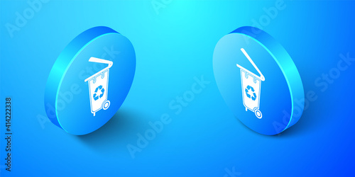 Isometric Recycle bin with recycle symbol icon isolated on blue background. Trash can icon. Garbage bin sign. Recycle basket icon. Blue circle button. Vector.