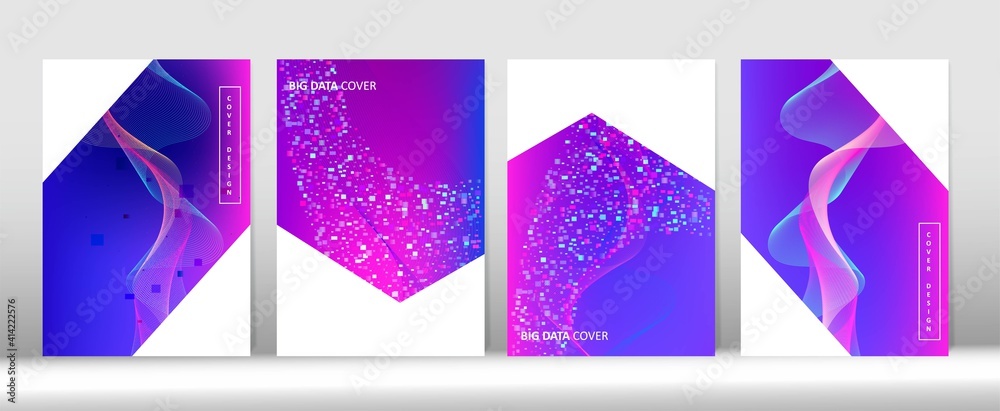 Minimal Covers Set. 3D Flow Shapes Music Cover Template. Big Data Neon Tech Wallpaper.