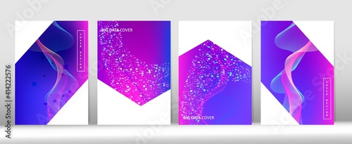Minimal Covers Set. 3D Flow Shapes Music Cover Template. Big Data Neon Tech Wallpaper.