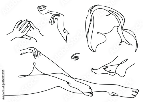 Silhouette of a girl in a modern one line style. Continuous line drawing, aesthetic outline for cosmetics advertising, posters, wall art, stickers. Woman figure logo or icon vector illustration.