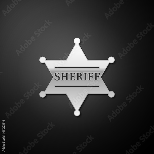 Silver Hexagonal sheriff star icon isolated on black background. Sheriff badge symbol. Long shadow style. Vector.