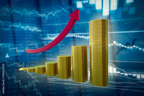 Stacked golds coins by ladder with growing red arrow on a blurred background of stock quotes. Growth of stock indices or financial investment ideas concept. 3d illustration