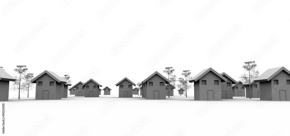 Maqueta en 3D en blanco y negro de un pueblo, villa, de casitas. Árboles y paisaje en blanco