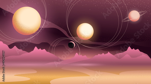 Abstract cosmic landscape with planets and sattelites in the sky. Vector illustration for posters, banners, social media advertising.