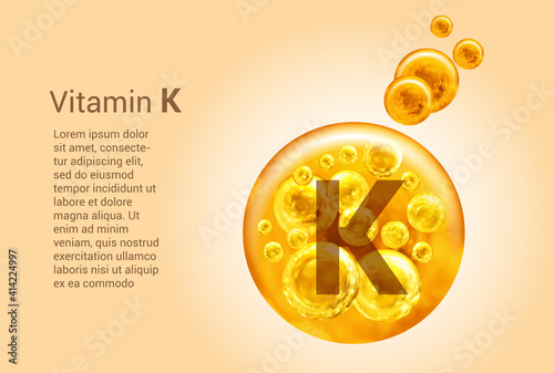 Vitamin K. Baner with vector images of golden balls with oxygen bubbles. Health concept.