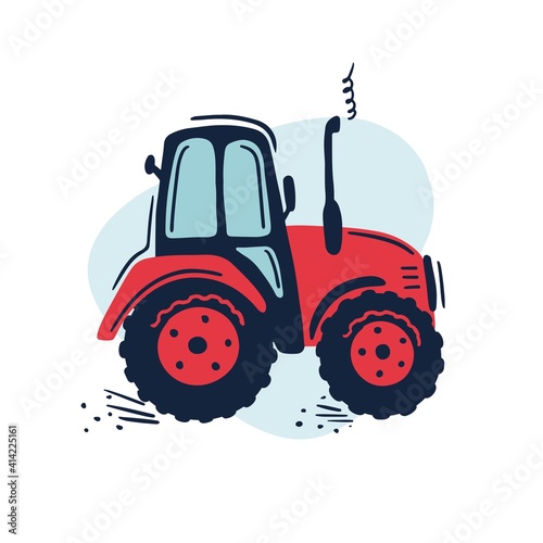 Hand drawn red wheeled tractor. Cute kids vector illustration.