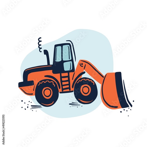 Hand drawn orange wheeled bulldozer. Cute kids vector illustration.
