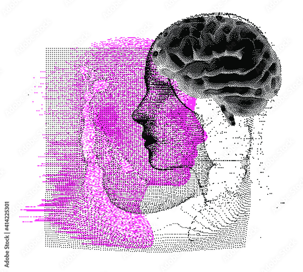 3D Illustration Human Brain Anatomy made of Pixels and Particles For ...