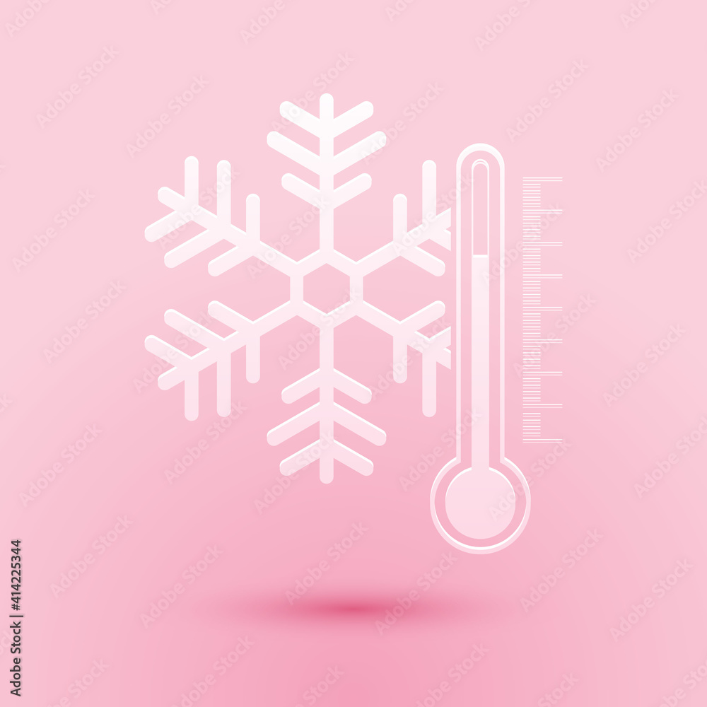 Paper cut Thermometer with snowflake icon isolated on pink background. Paper art style. Vector. Paper cut Thermometer with snowflake icon isolated on pink background. Paper art style. Vector.