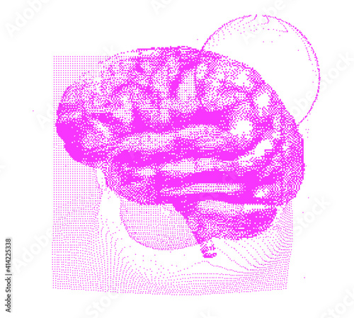 3D vector illustration of brain made of pixels and particles. Concept of neural network, neurology and neuroscience.