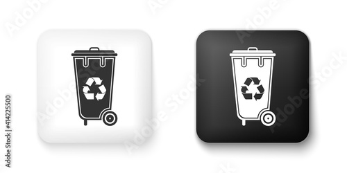 Black and white Recycle bin with recycle symbol icon isolated on white background. Trash can icon. Garbage bin sign. Recycle basket icon. Square button. Vector.