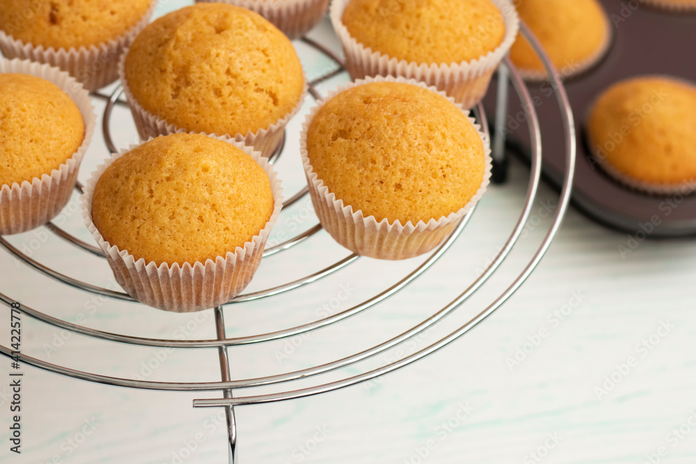 freshly baked vanilla cupcakes are placed on a cooling rack. Metal spiral stand. Homemade baking. Home food concept. High quality photo freshly baked vanilla cupcakes are placed on a cooling rack. Metal spiral stand. Homemade baking. Home food concept. High quality photo