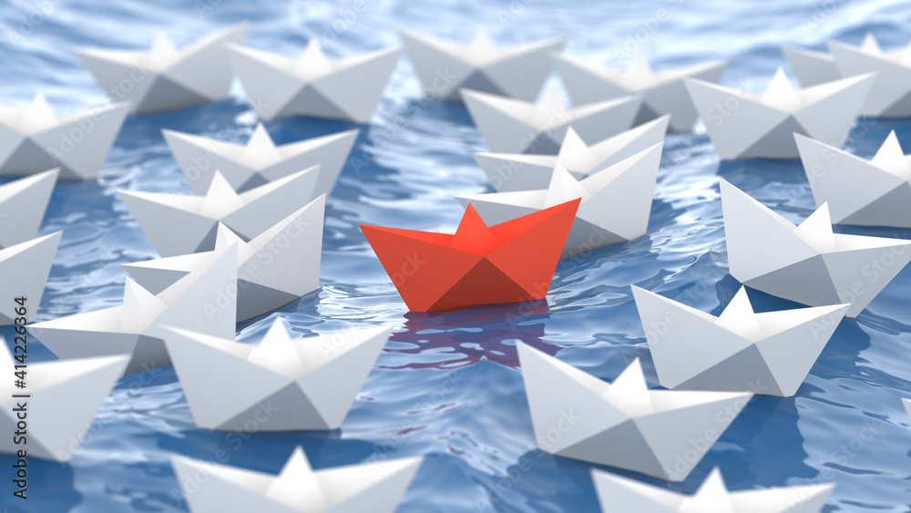 Leadership concept, red leader boat, standing out from the crowd of white boats, in the waves of the sea. 3D Rendering - obrazy, fototapety, plakaty 