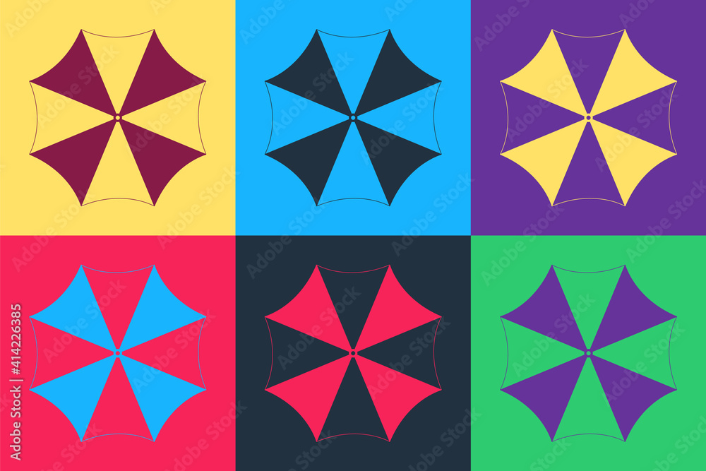 Pop art Sun protective umbrella fo beach icon isolated on color background. Large parasol for outdoor space. Summer vacation or picnic accessory. Vector. Pop art Sun protective umbrella fo beach icon isolated on color background. Large parasol for outdoor space. Summer vacation or picnic accessory. Vector.