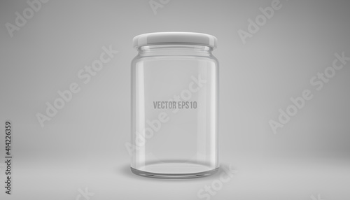 Glass jam jar with a lid. A transparent jar with a white lid. Realistic 3D illustration. Vector