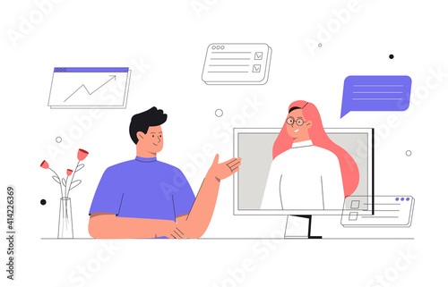 Online discussion and video conference concept. Stream, web chatting, online meeting friends. Woman on laptop screen taking with colleague. Flat style vector illustration.