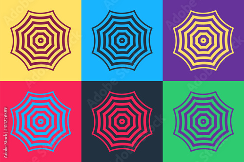 Pop art Sun protective umbrella fo beach icon isolated on color background. Large parasol for outdoor space. Summer vacation or picnic accessory. Vector.