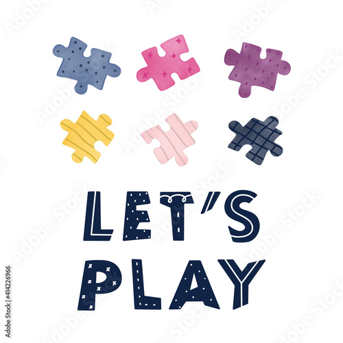 Let's play phrase hand drawn lettering in Scandinavian style  and colorful puzzles vector illustration.