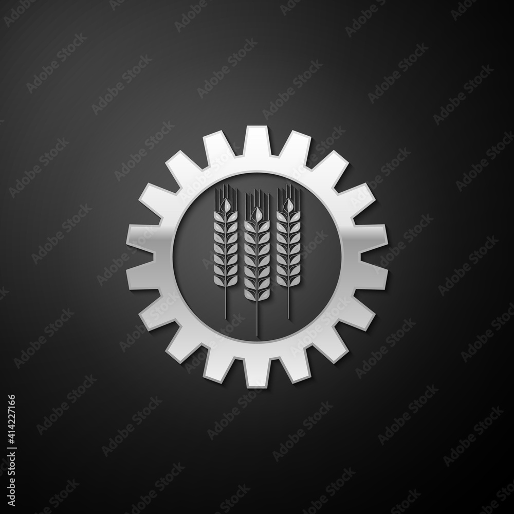 Silver Wheat and gear icon isolated on black background. Agriculture symbol with cereal grains and industrial gears. Industrial and agricultural. Long shadow style. Vector. Silver Wheat and gear icon isolated on black background. Agriculture symbol with cereal grains and industrial gears. Industrial and agricultural. Long shadow style. Vector.