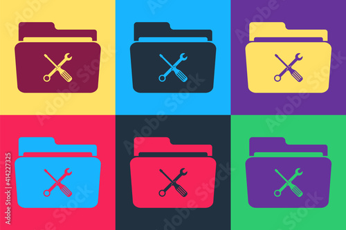 Pop art Folder and tools or settings icon isolated on color background. Folder with wrench and screwdriver sign. Computer technical service. Vector.