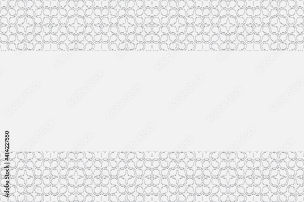 Ethnic geometric convex volumetric texture from a 3D pattern. Embossed white background of the peoples of Africa, Mexico, India with horizontal inserts. Ethnic geometric convex volumetric texture from a 3D pattern. Embossed white background of the peoples of Africa, Mexico, India with horizontal inserts.