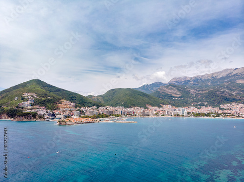 Sunny aerial panoramic view of Budva and Riviera, Montenegro. Drone aerial shot