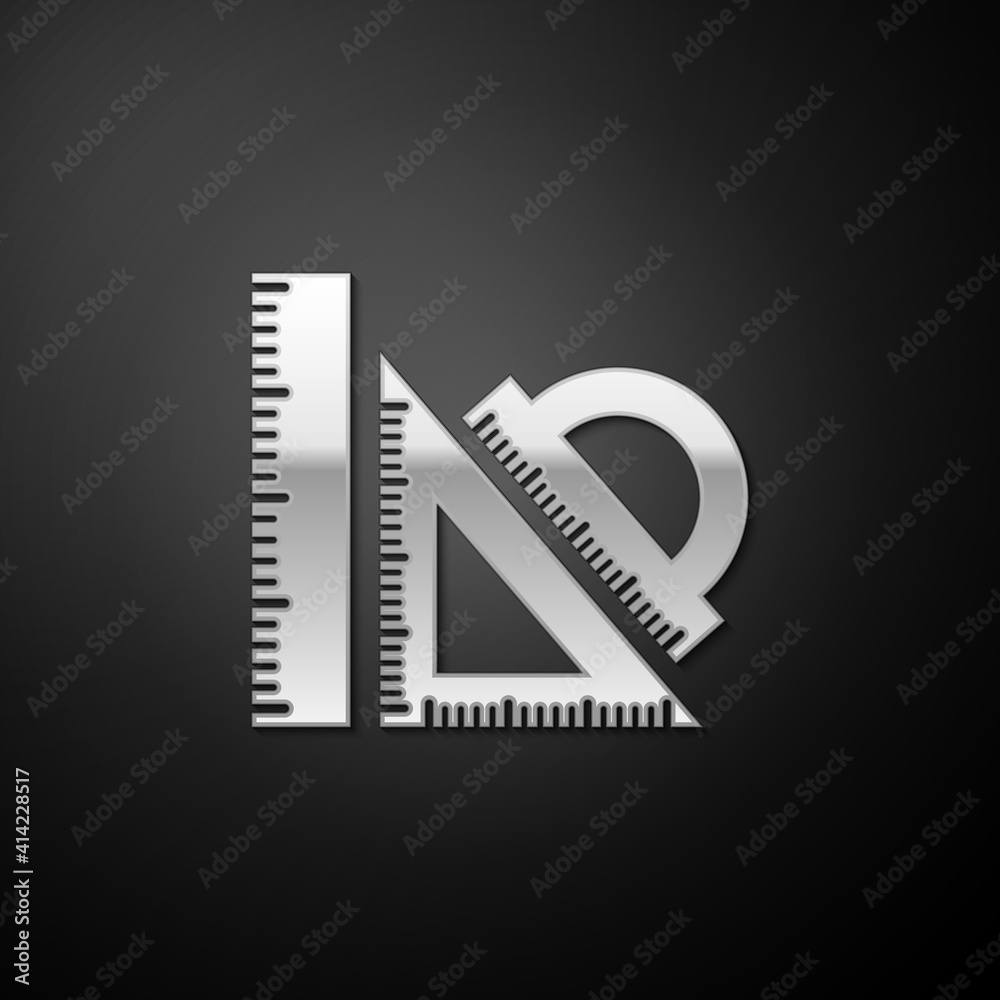 Silver Set ruler, triangular ruler and protractor icon isolated on black background. Straightedge sign. Triangle sign. Geometrical instruments. Long shadow style. Vector. Silver Set ruler, triangular ruler and protractor icon isolated on black background. Straightedge sign. Triangle sign. Geometrical instruments. Long shadow style. Vector.