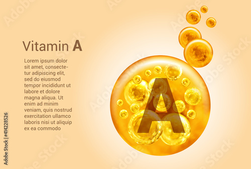 Vitamin A. Baner with vector images of golden balls with oxygen bubbles. Health concept.