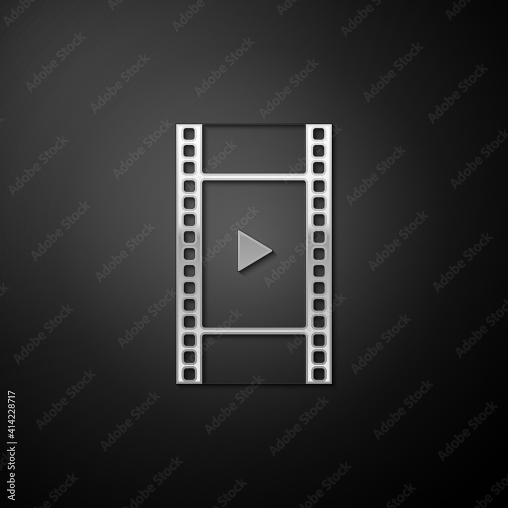 Silver Play Video icon isolated on black background. Film strip with play sign. Long shadow style. Vector.