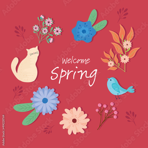 hello spring lettering seasonal card with flowers and bird around vector illustration design