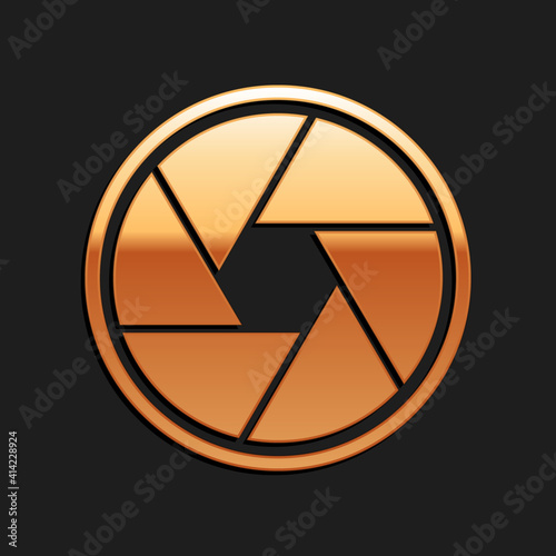 Gold Camera shutter icon isolated on black background. Long shadow style. Vector.