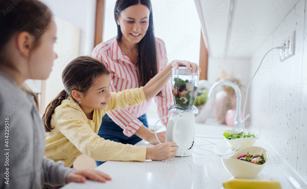 Mother with girls indoors at home, preparing fruit smoothie drink. Mother with girls indoors at home, preparing fruit smoothie drink.