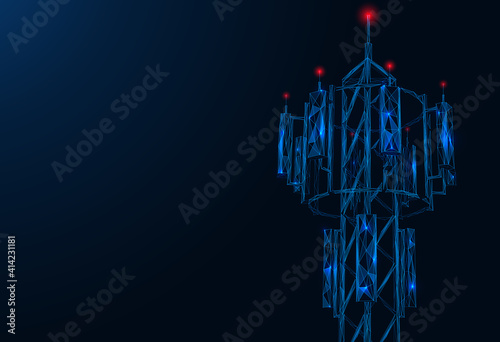 Telecommunications antenna. Retransmission of high-speed communication and 5G Internet. Low-poly construction of interlocking lines and dots. Blue background.