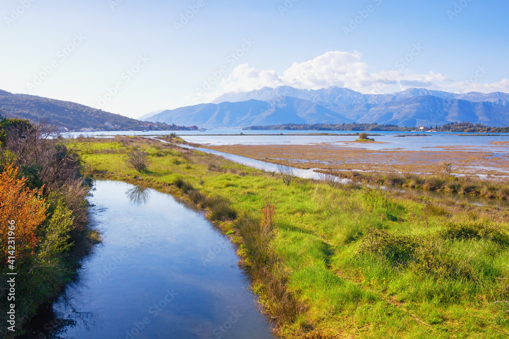 Beautiful wetland landscape. Montenegro, Tivat. View of Tivat Salina on sunny spring day