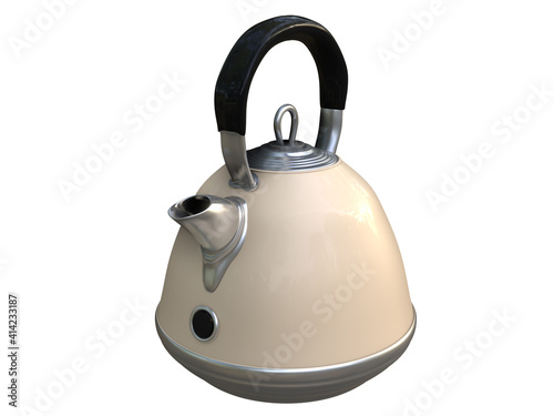 CLIPPING PATH 3D RENDER ILLUSTRATION. modern coffee tea pot kettle classic style on isolated white background . Electric kitchenware equipment minimal concept.