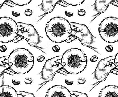 Sketch hand drawn pattern with hand holding a cup of coffee . Mug and plate with espresso. Vintage, retro background. Turkish coffee. Vector illustration. Cafe, breakfast, menu, bar, restaurant.