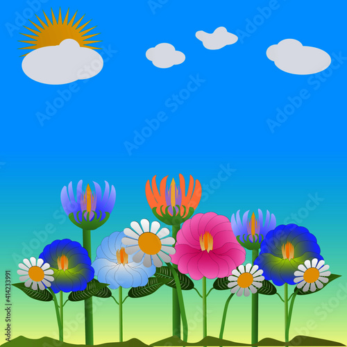 A scene with green mounds, clouds, sky and spring flowers with copy space 