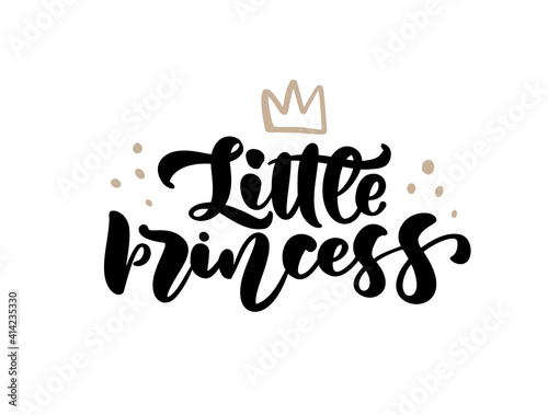 Vector illustration of Little Princess text with crown for girls clothes. Inspirational quote, banner. Feminine baby calligraphy. Lettering typography, poster. Royal badge, card, postcard, tag, icon