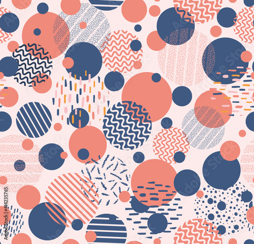 Fototapeta Naklejka Na Ścianę i Meble -  Colorful polka dots distracted with waves, lines, dots, spots, stripes as seamless repeat pattern. Random placed geometrical vector elements all over surface print.