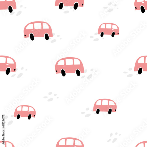Seamless vector pattern with cute scandinavian bus for fabric, wrapping, baby textile, wallpaper, apparel kids design. Vector children nordic illustration car