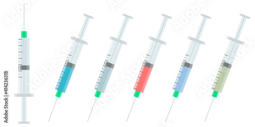 Vector set of disposable syringes with medicine, vaccine, liquid drug on white background. Blue, red, green color, empty mockup.