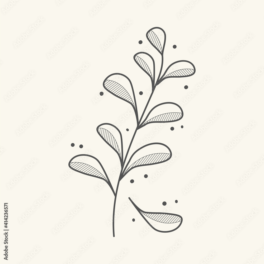 Drawn plant leaves vector icon. Botanical branch element line art. Doodle floral vintage style. Nature illustration Drawn plant leaves vector icon. Botanical branch element line art. Doodle floral vintage style. Nature illustration