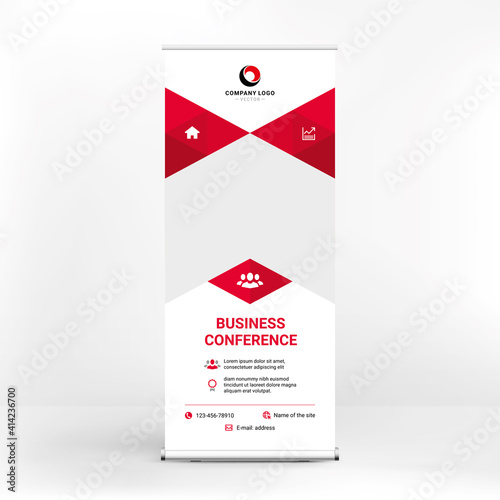 Roll-up design, red abstract geometric background, layout for placement of photos and text