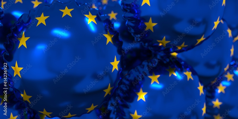 Foil balloons with national flag of the EU. Holiday conceptual 3D rendering Foil balloons with national flag of the EU. Holiday conceptual 3D rendering