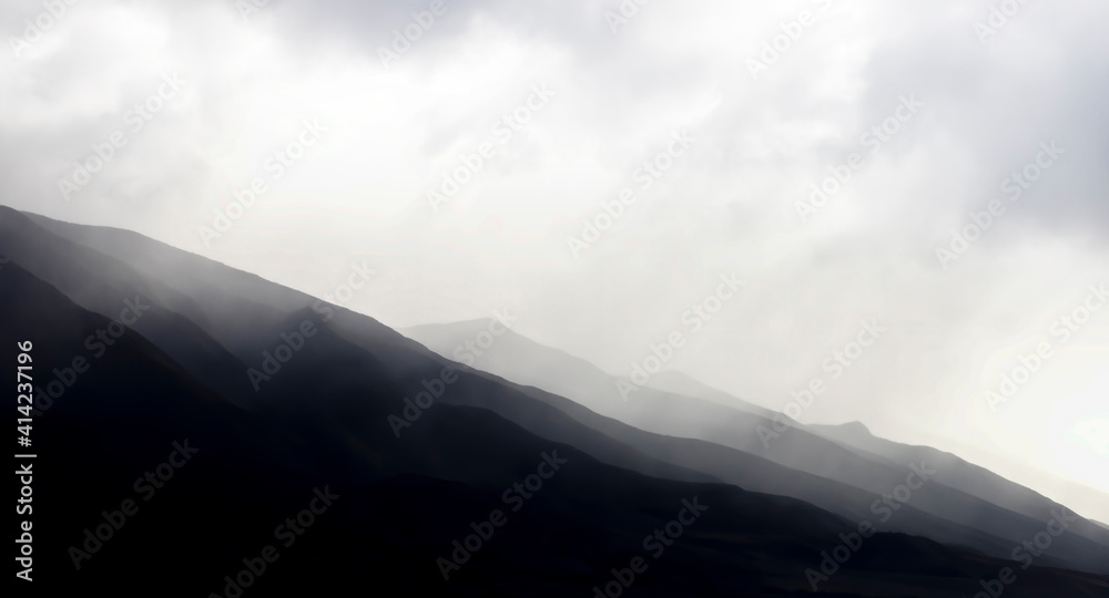 Obraz premium Graphic Dramatic Background Monochrome Mountain Ridges Under Clouds