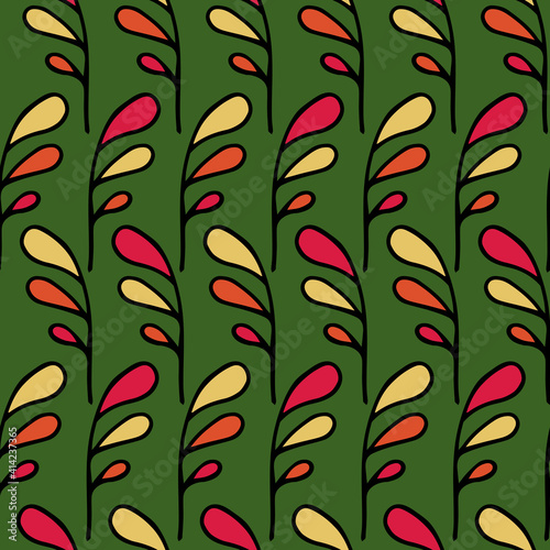 Seamless vector pattern. Branches with colorful leaves isolated on a transparent background with a green substrate.